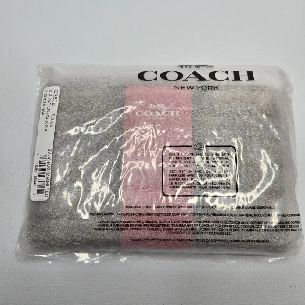 Coach Zip Wristlet In Signature Canvas Silver Khaki Miami Red